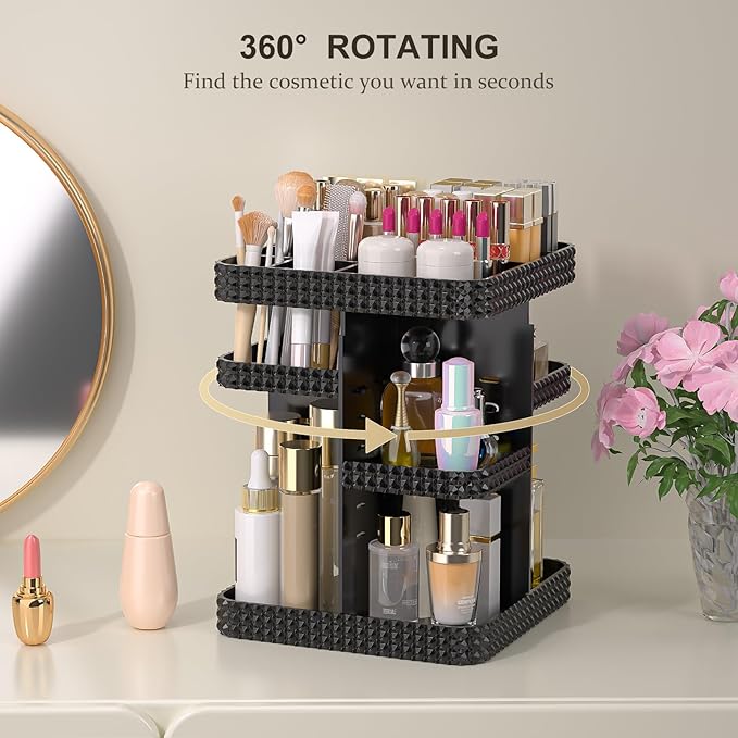 Rotating Makeup Organizer with Makeup Brush Holder, Large Capacity Perfume Organizer for Vanity Countertop, Acrylic Skincare Organizers Spinning Holder Storage Rack (Black)