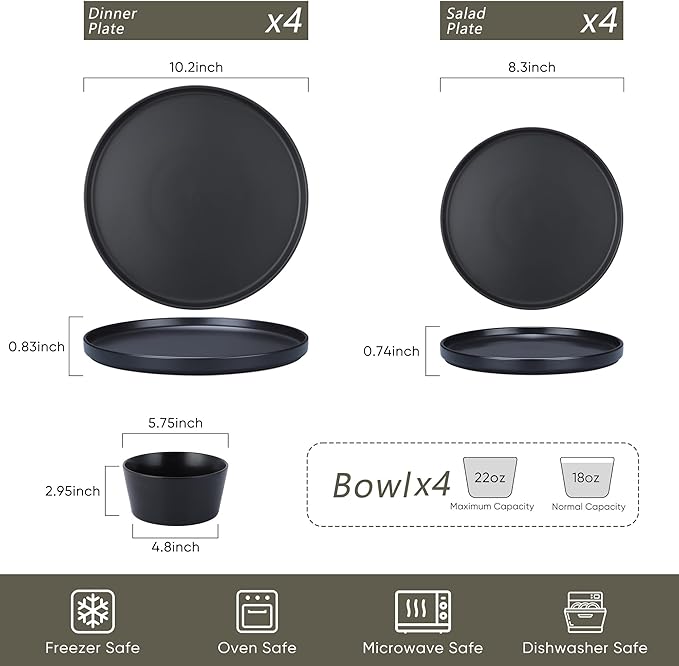 Herogo 12 Pieces Stoneware Dinnerware Set, Service for 4, Dinner Plates and Bowls Sets, Double Reactive Glaze Dishes Set for Kitchen, Scratch Resistant, Dishwasher Safe, Matte Black