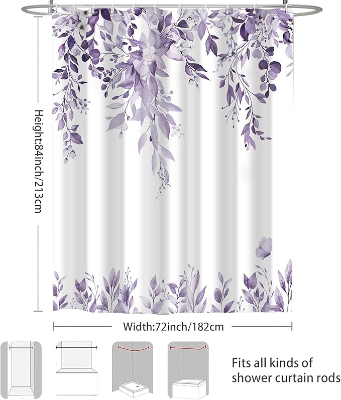 Eucalyptus Shower Curtain, Light Purple Watercolor Leaves with Floral Botanical Bathroom Decor, Waterproof Fabric Bath Curtain Set with Hooks, 72x84 Inches