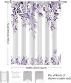 Eucalyptus Shower Curtain, Light Purple Watercolor Leaves with Floral Botanical Bathroom Decor, Waterproof Fabric Bath Curtain Set with Hooks, 72x84 Inches