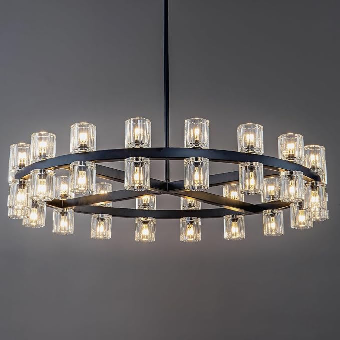 Modern Black Crystal Chandelier,36" K9 Crystal Chandeliers for Dining Room Over Table,Wagon Wheel Chandeliers for Dining Room,Living Room,Foyer,Includes 36XG4 Bulbs