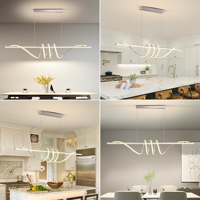 Modern Pendant Light Kitchen Island 57in Dimmable Hanging Lamp 3000k-6000K Adjustable Warm/Nautral/White with Remote Control, Dining Room Light Fixture Chrome Silver