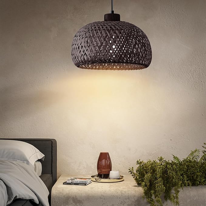 Black 18inch Bamboo Rattan Pendant Light, Hand-Woven Wicker Boho Hanging Ceiling Light Fixture, Pendant Lamp Rustic Farmhouse Chandelier for Kitchen Island, Dining Room, Living Room