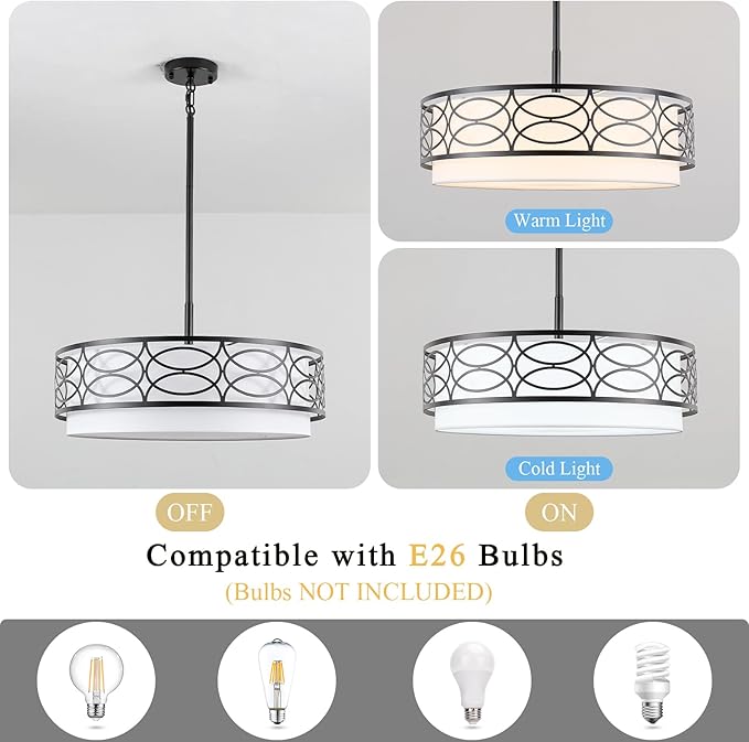 ALISADABOY Drum Chandeliers for Dining Room 21.65’’ Inch Modern Farmhouse Black Chandelier 5 Light Contemporary Hanging Pendant Light Fixture for Living Room Kitchen Island Foyer Entryway Stairway