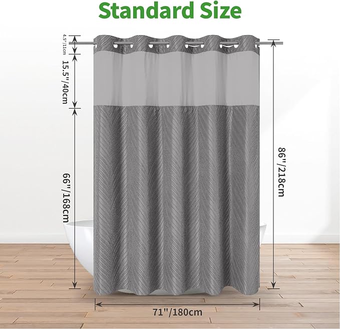 no Hook Shower Curtain and Liner Set，Boho Style with See Through Top Window, Grey Fabric Tufted Striped Textured Outer Curtain & Waterproof Inner Liner, Grey/Gray, 71Wx86H