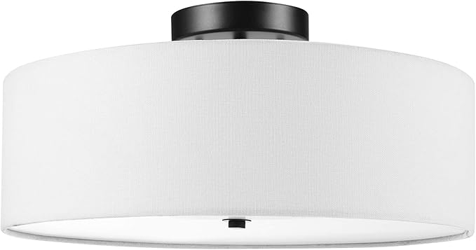 GLOBE Electric 60315 2-Light Flush Mount Ceiling Light, Dark Bronze Finish, White Linen Shade, Low Profile Drum Design, E26 Base, Dimmable