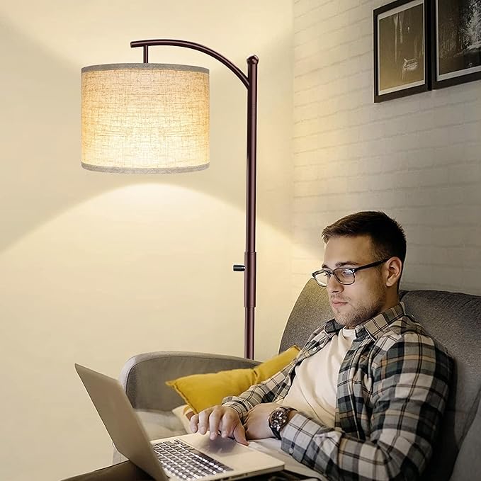 Dimmable Floor Lamp, Arc Floor Lamps for Living Room, Stepless Dimming Modern Standing Lamp with Linen Shade, Tall Lamp for Bedroom Office Dining Room- Brown