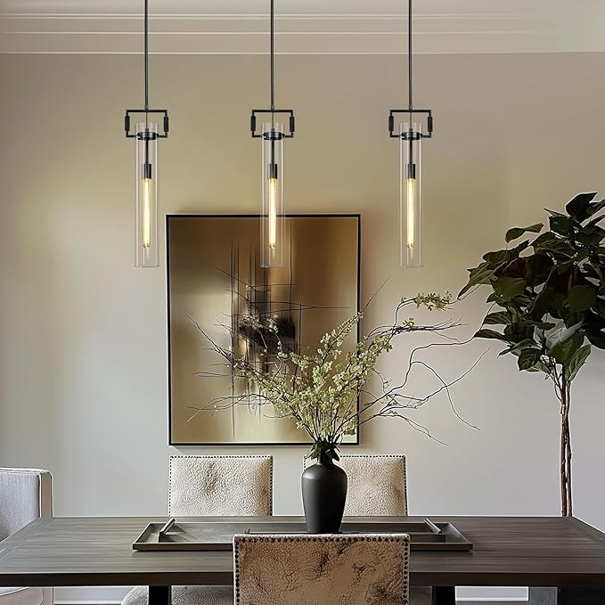 Modern Black Pendant Lights Set of 2, 21.6'' kitchen pendant lighting over island, Indoor Adjustable Height Glass Pendant Light Fixtures, Large Pendant Lights Kitchen Island, E12 Bulb Included