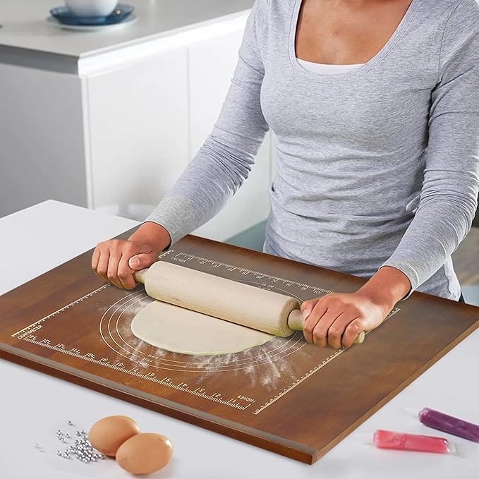 24" x 20" Reversible Wooden Pastry Board Wood Pasta Board with Lip Bread Board Cutting Board Chopping Board Pie Board with Engraved Ruler for Counter Top Kitchen-Brown