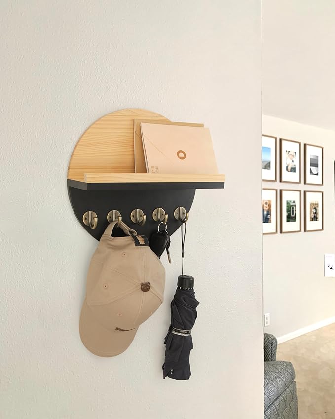 Key Holder for Wall with Shelf - Wood Mail Organizer and Rack with Shelf Hooks Wall Mounted for Entryway Decor Magazines Letter Storage Farmhouse Living Room Bedroom Doorway Black