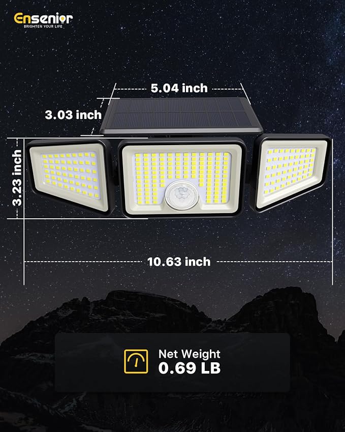 Ensenior Motion Sensor Outdoor Lights, 220 LED IP65 Waterproof Solar Security Light with Remote Control, 3 Heads Solar Flood Light Outdoor with 4 Modes, 270° Wide Angle Motion Light for Outside -2Pack