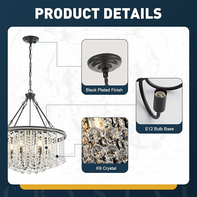 6-Light Black Crystal Chandelier Modern 21.6'' Contemporary Round Pendant Chandeliers Crystal Ball Luxury Ceiling Hanging Lighting for Living Dining Room Kitchen Island Bedroom Entryway Foyer