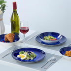 Bestone Porcelain Dinnerware Sets Service for 4, 12 pcs Hand drawn Plates and Bowls Sets, Handmade Ceramic Dish Set, Chip Resistant Modern Plate Set, Dishwasher/Microwave Safe，Dark Blue