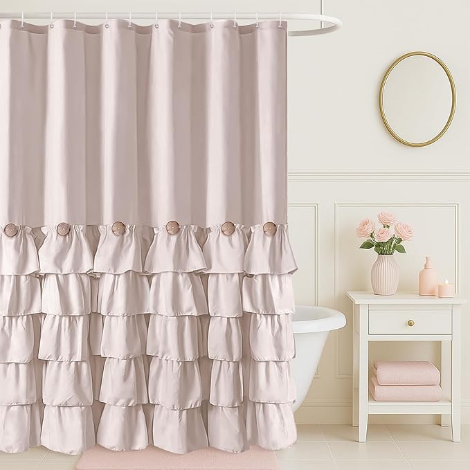 Seasonwood Beige Shower Curtain Cute Ruffle Shower Curtain Cream Shower Curtains Shabby Chic Farmhouse Style Design Girly Shower Curtains Button Country Style,72x72 in