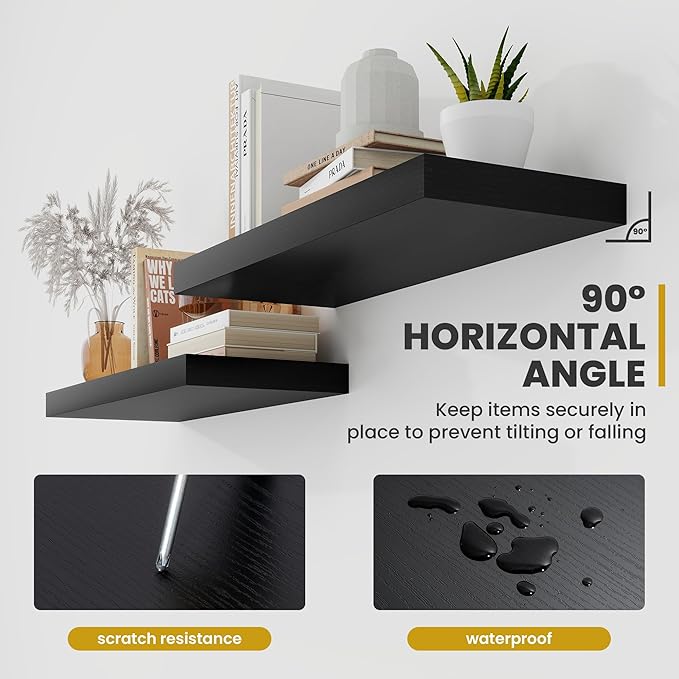 72 Inch Floating Shelves, 9.3" Deep Floating Shelf Wall Mounted, 72" Wall Shelves, Rustic Deep Bookshelf, Large Display Shelves & Storage Shelves for Bedroom, Living Room, Black, Set of 1