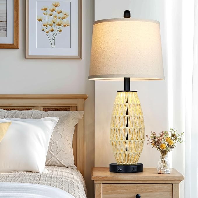 UXEFLOW 27" Beige Rattan Lamps with Night Light, Coastal Bedside Table Lamps Set of 2, Woven Wicker Bedroom Nightstand Lamp with USB A+C Charging Port & AC Outlet, Tall Farmhouse Lamp for Living Room