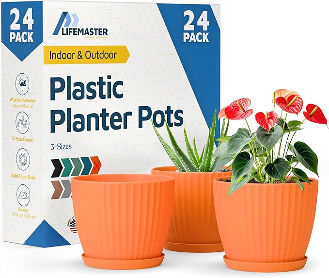 Yellow 6-Inch Plant Pots with Drainage & Saucers 24 Pack, Indoor & Outdoor Planters for Houseplants, Herbs, and Flowers, Durable & Weatherproof Material, Stackable, Lightweight, Minimalist Design