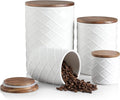 Sweejar Ceramic Canisters Sets for Kitchen Countertop, Relief Food Storage Jar with Bamboo Lid, Stackable Container for Flour, Coffee, Pasta, Cereal, Tea, Sugar, Spices, Pack of 4 (Walnut White)