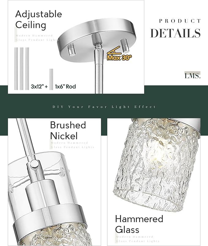 LMS Brushed Nickel Pendant Lights Kitchen Island, 1-Light Modern Glass Pendant Light Fixtures with Hammered Glass, Adjustable Mini Hanging Light for Kitchen Island Sink Bathroom, LMS-199