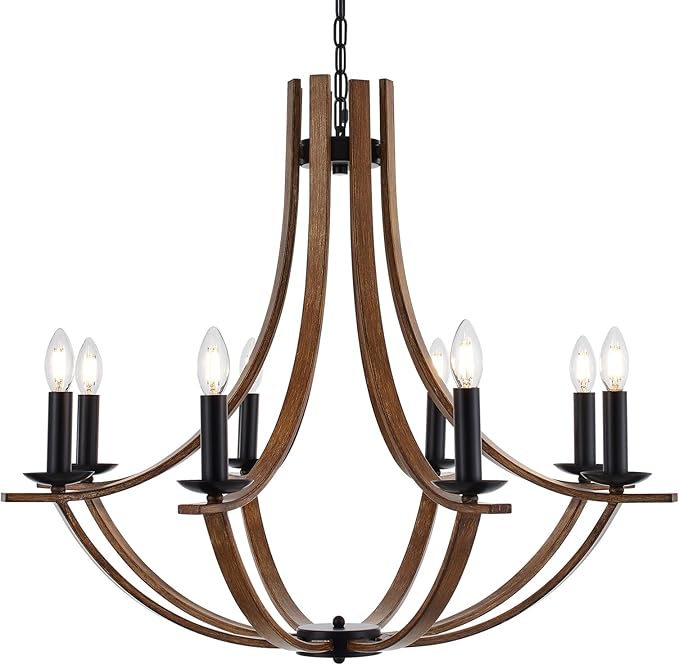 31.5" Large Wooden Chandelier 8-Lights Vintage Farmhouse Candle Style Chandeliers with Wood Finish Metal Industrial Retro Rustic Black Chandelier for Dining Room, Kitchen, Living Room, E12