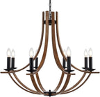 31.5" Large Wooden Chandelier 8-Lights Vintage Farmhouse Candle Style Chandeliers with Wood Finish Metal Industrial Retro Rustic Black Chandelier for Dining Room, Kitchen, Living Room, E12
