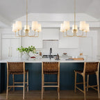 AMZASA Antique Brass Gold Chandelier with Shades, Electroplated Finish, 5 Light Modern Farmhouse Chandeliers with White Fabric Shade, Linear Island Chandelier Lights for Dining Room,Kitchen,Foyer