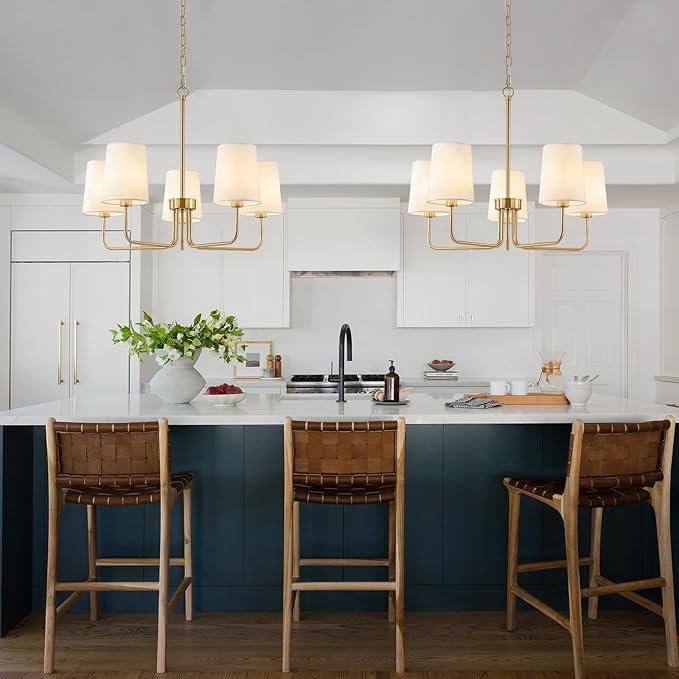 AMZASA Antique Brass Gold Chandelier with Shades, Electroplated Finish, 5 Light Modern Farmhouse Chandeliers with White Fabric Shade, Linear Island Chandelier Lights for Dining Room,Kitchen,Foyer
