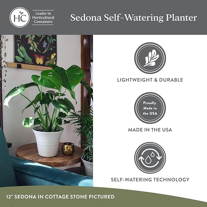 The HC Companies Sedona Round Self-Watering Pot - Lightweight Self Care Planter - Plastic Planter for Herbs & More - Durable Plant Pots for Indoor & Outdoor Plants (14" Cottage Stone, Pack of 2)