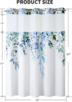 QiyI No Hook Shower Curtain with Snap in Fabric Liner, Blue Eucalyptus Shower Curtain with See Through Top Window, Waterproof Washable Cloth Ringless Shower Curtain Set for Bathroom, 72 x 87