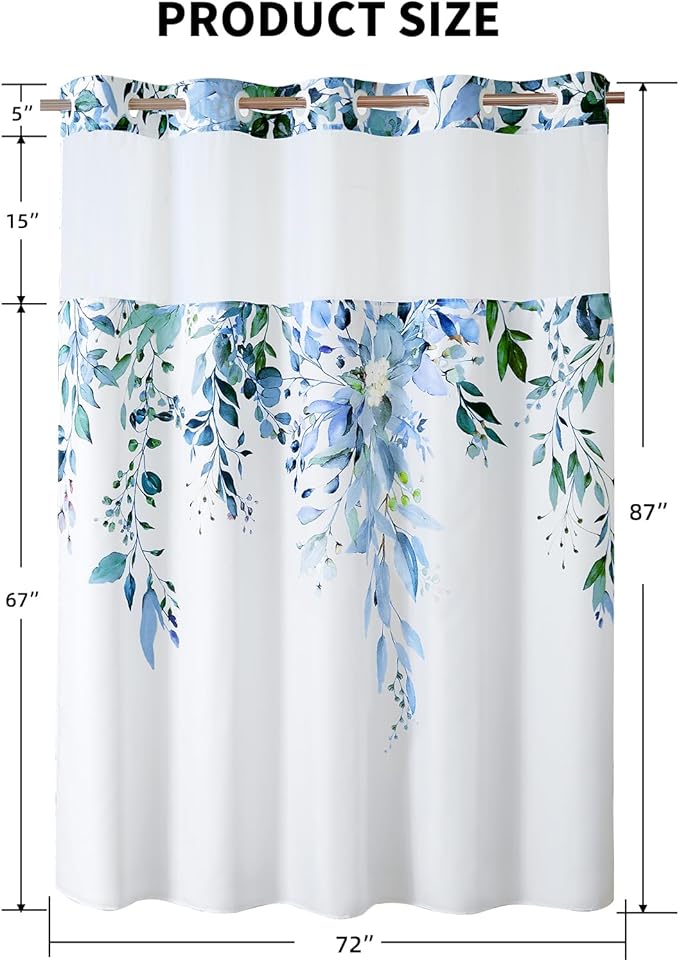 QiyI No Hook Shower Curtain with Snap in Fabric Liner, Blue Eucalyptus Shower Curtain with See Through Top Window, Waterproof Washable Cloth Ringless Shower Curtain Set for Bathroom, 72 x 87