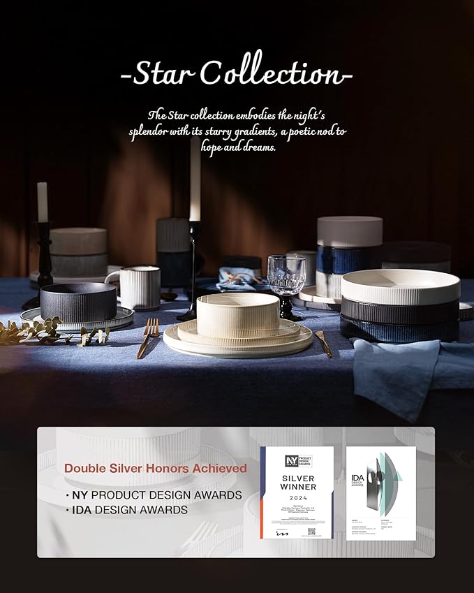 Famiware Star Dinnerware Set with Pasta Bowls, Service for 4 (16pcs), Ribbed Stoneware Plates and Bowls Dishes Sets - Chip & Scratch Resistant, Microwave & Dishwasher Safe, Smoky Blue