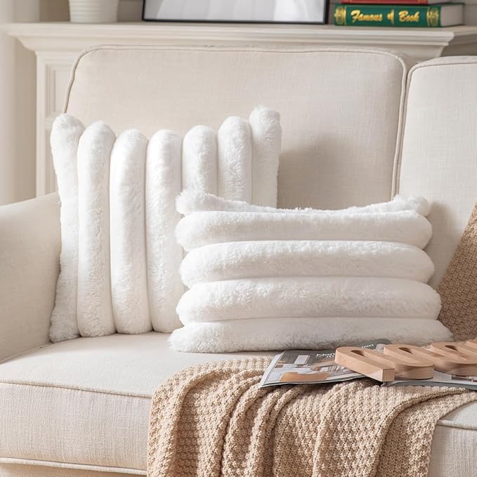 Faux Fur Plush Throw Pillow Covers 12x20 Inch Set of 2 - Luxury Decorative Fuzzy Striped Soft Cozy Pillowcase for Couch, Sofa, Living Room - Cream White