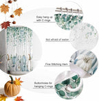 Fall Thanksgiving Shower Curtain, Teal White Pumpkin Shower Curtains Set with Hooks, Floral Sage Green Eucalyptus Leaves Waterproof Fabric Bathroom Curtains Home Accessories,72 X 96 Inch Extra Long