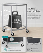 SONGMICS 50.2-Gallon (190 L) Laundry Basket with Wheels, Rolling Round Heavy-Duty Laundry Hamper Cart with Steel Frame and Removable Bag, 2 Locking Wheels, Ink Black and Metallic Silver URLS001B01