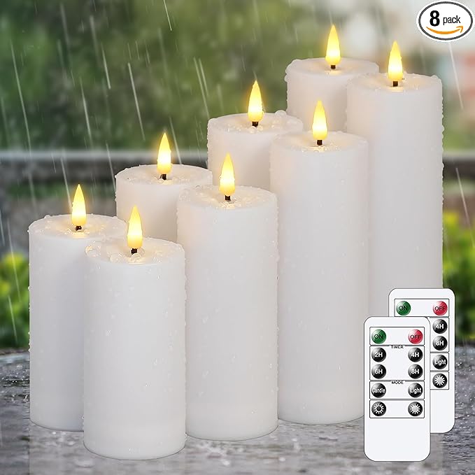 Flameless Waterproof 2.2" x4" 4" 5" 5" 6" 6" 7" 7" Pillar Candles with Remote Control and Timer, LED Battery Operated Plastic White Pack of 8 Outdoor Flickering Warm Light