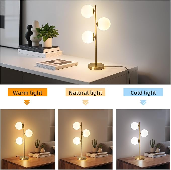 Mid Century Modern Table Lamp White Glass Shade Nightstand Light for Bedroom Offices 3 Globe Table lamp Gold LED lamp