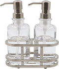 3 Piece Round Heavy Weight Glass Soap Lotion Pump Dispenser Set with Metal Caddy for Home Bath Kitchen Travel Office Hand Crafted Metal Tray Nickel