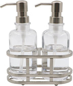 3 Piece Round Heavy Weight Glass Soap Lotion Pump Dispenser Set with Metal Caddy for Home Bath Kitchen Travel Office Hand Crafted Metal Tray Nickel