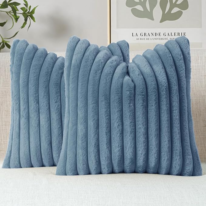 MIULEE Faux Fur Large Decorative Throw Pillow Covers 24x24 Inch Set of 2, Coastal Modern Art Home Decor Soft Plush Couch Pillows Cozy Fluffy Cushion Covers for Sofa Bed Grey Blue