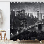 NYC Manhattan Brooklyn Bridge Shower Curtain New York Skyline Building Night View Shower Curtain Set with 12 Hooks 72x78 inch Polyester Machine Washable, Grey and White