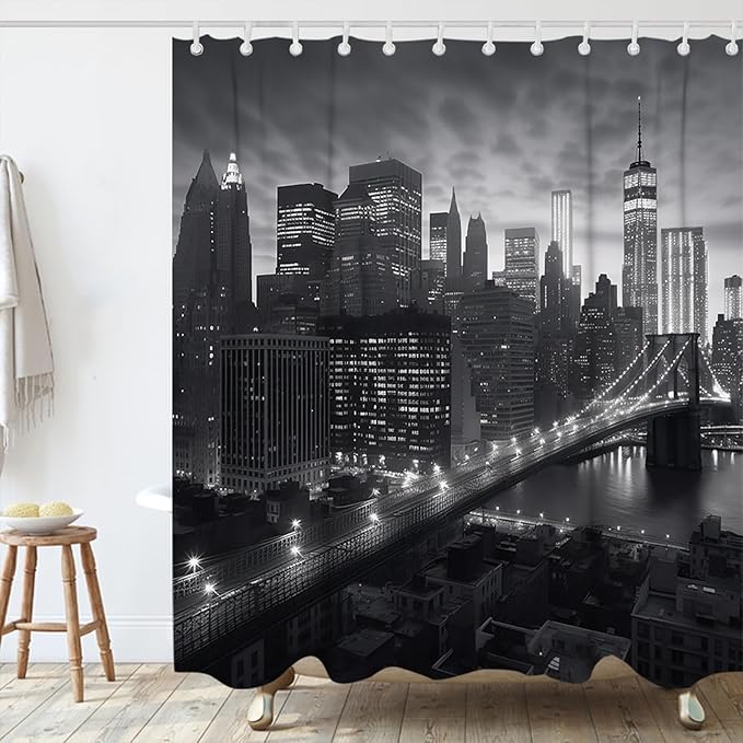 NYC Manhattan Brooklyn Bridge Shower Curtain New York Skyline Building Night View Shower Curtain Set with 12 Hooks 72x78 inch Polyester Machine Washable, Grey and White