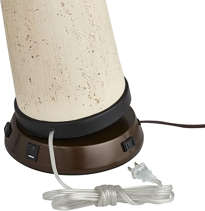 360 Lighting Rocco Mid Century Modern Table Lamp with USB and AC Power Outlet Workstation Charging Base Handmade 30" Tall Blue Ceramic Tan Drum Shade for Living Room Bedroom (Color May Vary)