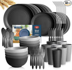 Teivio 32-Piece With Flatware Kitchen Plastic Wheat Straw Dinnerware Set, Service for 8, Dinner Plates, Dessert Plate, Cereal Bowls, Cups, Unbreakable Plastic Outdoor Camping Dishes, Gray Ombre