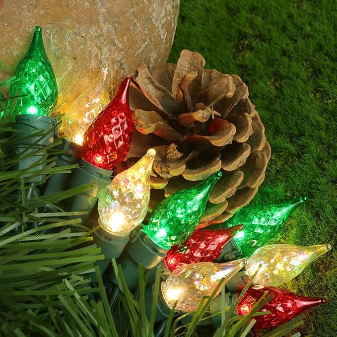GlowVibe Red White and Green Christmas Lights, 19ft 70 LED Faceted C5 Glass Bulb Outdoor String Lights, Extendable Green Wire for Indoor Xmas Tree Garden Patio 120V ETL Certified