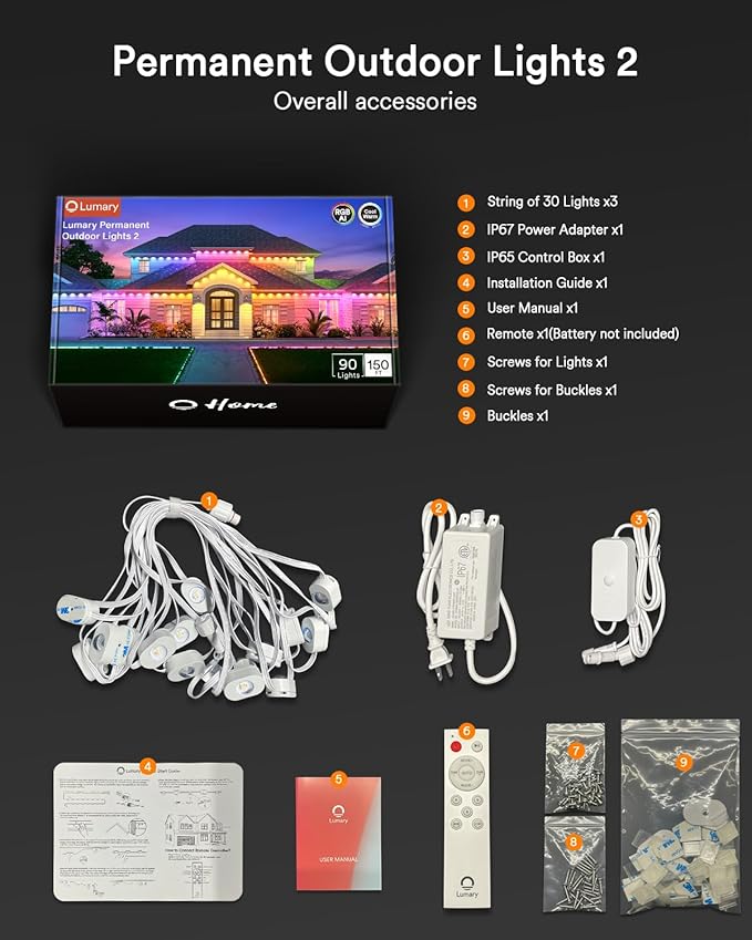 Lumary Smart Permanent Outdoor Lights 2 with Remote & Slide-Base, 150ft with 90 RGBAICW LEDs 5400lm for Daily & Accent Lighting, 110+ Scene for Halloween Christmas Decor, Work with Alexa Google, White
