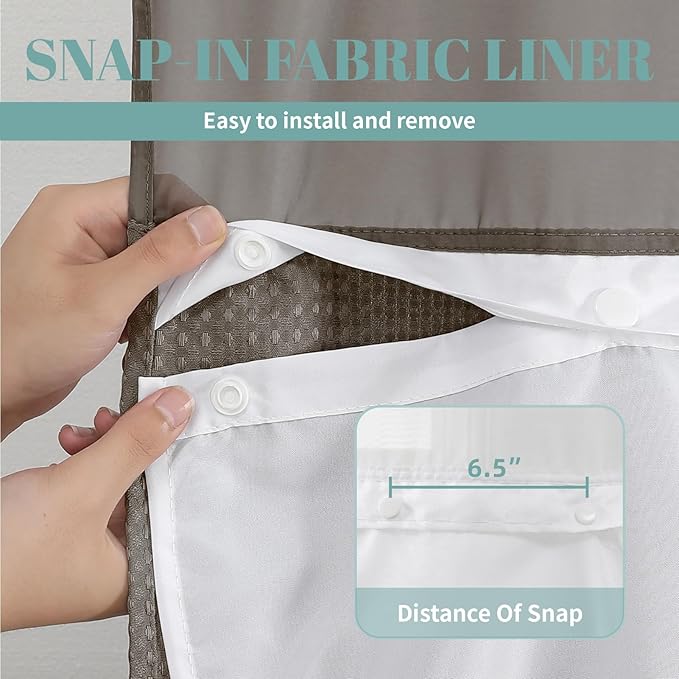 Brown Extra Long No Hook Waffle Weave Shower Curtain with snap-in Liner Replacement, 230GSM Waterproof Fabric Hotel Shower Curtain Set for Bathroom, Through Mesh Top Window,71Wx86H