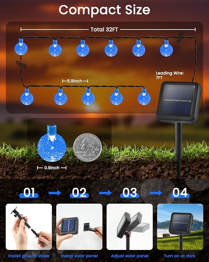 LORRYTE 2-Pack 120 LED Blue Solar Christmas Lights Outdoor - 72FT Crystal Globe Waterproof Solar String Lights with 8 Lighting Modes for Christmas Decorations, Garden, Patio, Party, Porch