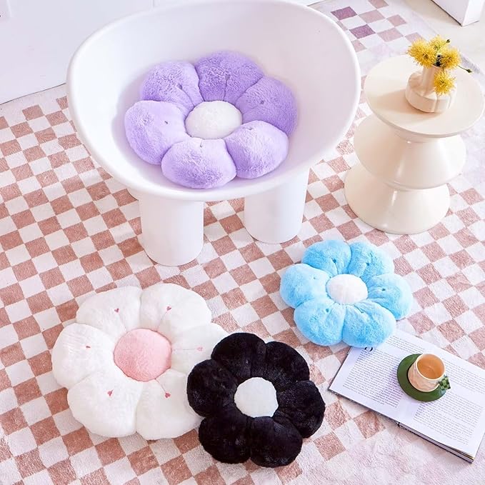 Flower Pillow, Cute Flower Shaped Decorative Pillow, Soft Rabbit Fur Daisy Pillow Home Decor Floor Seating Cushion for Bedroom Living Room (Black 19.6 Inch)