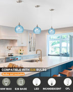 Brushed Nickel Pendant Lights Kitchen Island, Globe Pendant Light Fixtures with 8 Inch Clear Glass Shade, Modern Hanging Light Fixtures for Kitchen, Bedroom (2 Pack - Blue Glass Pendant Light)