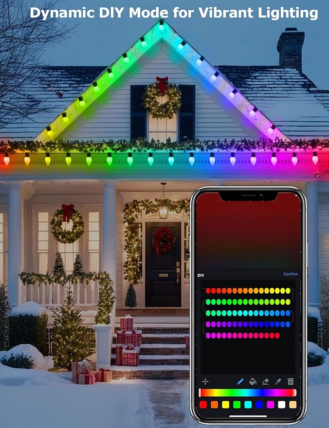 HIITEN Smart C9 Christmas Lights Outdoor 66ft, 100 LED RGBW Chasing Effects Xmas Lights Outdoor, APP and Remote Controlled with Timer Music Sync, Extendable LED Christmas Lighting for House Tree
